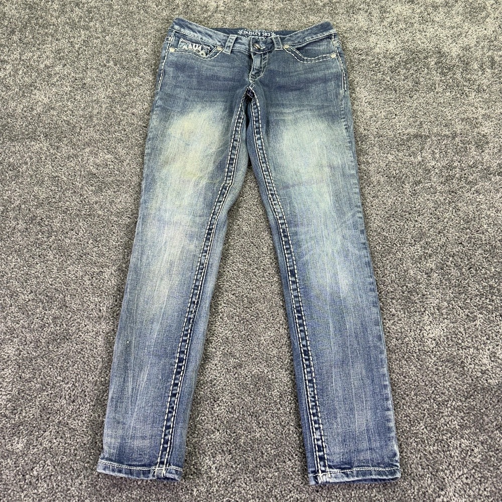 Paisley Sky Jeans Womens 6 Blue Skinny Denim Embroidered Rhinestone Medium Wash
